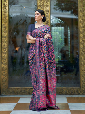 Rajwada Navy Blue Printed Silk Blend Saree With Unstitched Blouse For Women