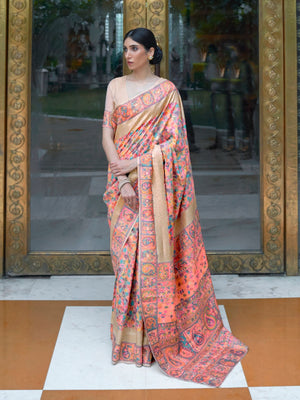 Rajwada Peach Printed Silk Blend Saree With Unstitched Blouse For Women