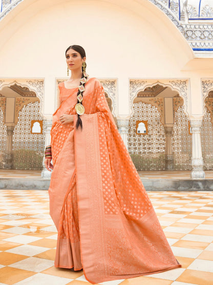 Rajwada Orange Woven Silk Blend Saree With Unstitched Blouse For Women