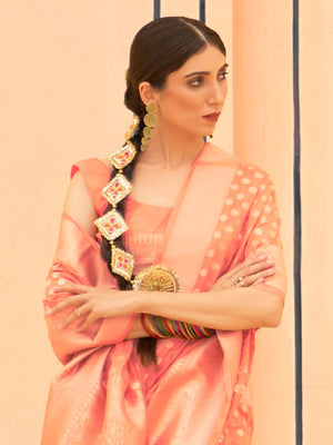Rajwada Orange Woven Silk Blend Saree With Unstitched Blouse For Women