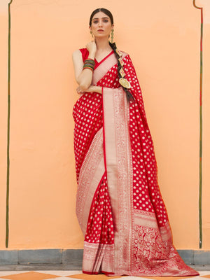 Rajwada Red Woven Silk Blend Saree With Unstitched Blouse For Women