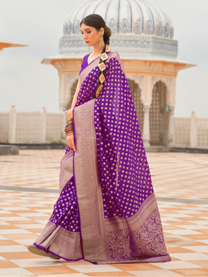 Rajwada Purple Woven Silk Blend Saree With Unstitched Blouse For Women