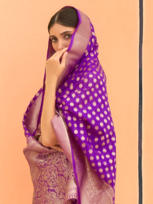 Rajwada Purple Woven Silk Blend Saree With Unstitched Blouse For Women