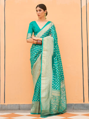 Rajwada Teal Woven Silk Blend Saree With Unstitched Blouse For Women