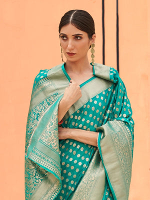Rajwada Teal Woven Silk Blend Saree With Unstitched Blouse For Women