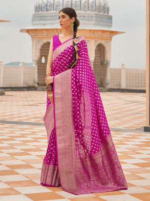 Rajwada Pink Woven Silk Blend Saree With Unstitched Blouse For Women
