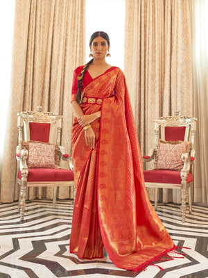 Rajwada Red Woven Design Silk Blend Saree With Unstitched Blouse For Women