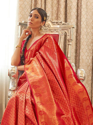 Rajwada Red Woven Design Silk Blend Saree With Unstitched Blouse For Women