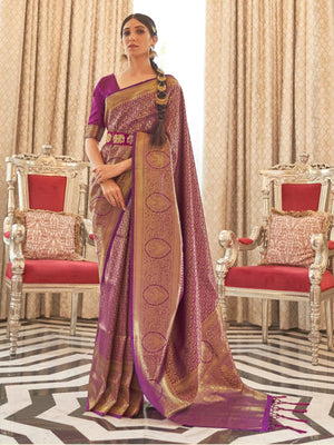 Rajwada Purple Woven Design Silk Blend Saree With Unstitched Blouse For Women