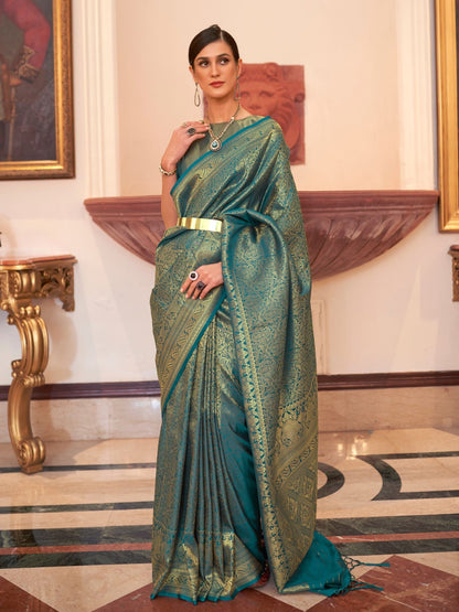 Rajwada Green Woven Design Silk Blend Saree With Unstitched Blouse For Women