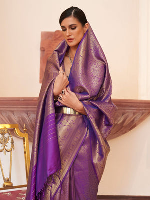 Rajwada Purple Woven Design Silk Blend Saree With Unstitched Blouse For Women
