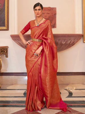 Rajwada Red Woven Design Silk Blend Saree With Unstitched Blouse For Women