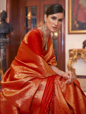 Rajwada Red Woven Design Silk Blend Saree With Unstitched Blouse For Women