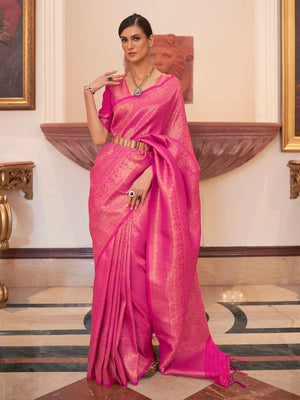 Rajwada Pink Woven Design Silk Blend Saree With Unstitched Blouse For Women