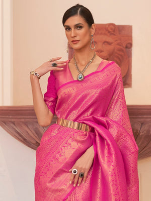 Rajwada Pink Woven Design Silk Blend Saree With Unstitched Blouse For Women