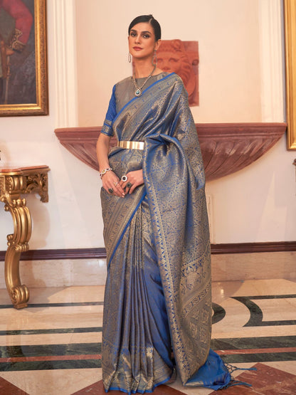 Rajwada Blue Woven Design Silk Blend Saree With Unstitched Blouse For Women