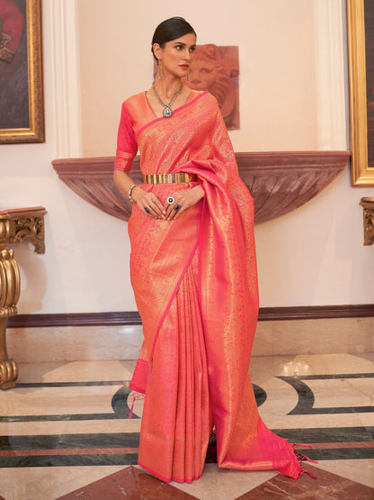 Rajwada Orange Woven Design Silk Blend Saree With Unstitched Blouse For Women