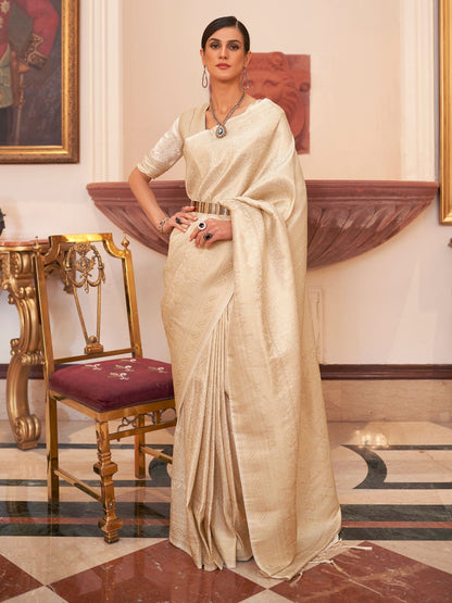 Rajwada Cream Woven Design Silk Blend Saree With Unstitched Blouse For Women