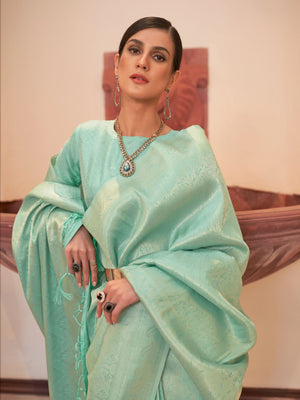 Rajwada Sea Green Woven Design Silk Blend Saree With Unstitched Blouse For Women