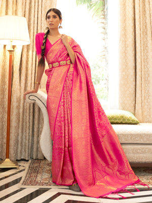 Rajwada Pink Woven Design Silk Blend Saree With Unstitched Blouse For Women