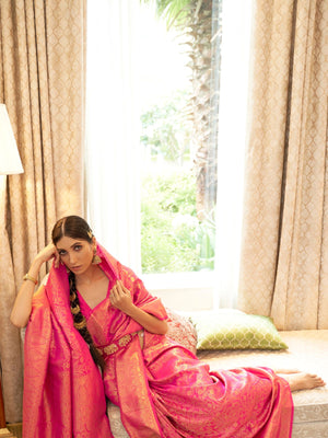 Rajwada Pink Woven Design Silk Blend Saree With Unstitched Blouse For Women
