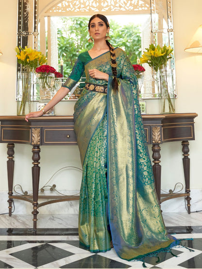 Rajwada Green Woven Design Silk Blend Saree With Unstitched Blouse For Women