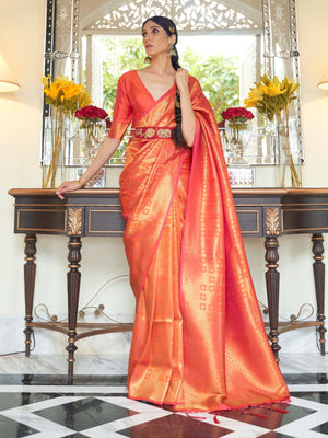 Rajwada Orange Woven Design Silk Blend Saree With Unstitched Blouse For Women