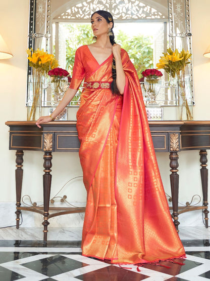 Rajwada Orange Woven Design Silk Blend Saree With Unstitched Blouse For Women