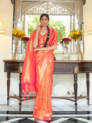Rajwada Orange Woven Design Silk Blend Saree With Unstitched Blouse For Women