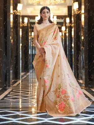 Rajwada Off White Printed Linen Saree With Unstitched Blouse For Women