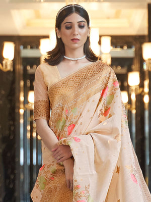 Rajwada Off White Printed Linen Saree With Unstitched Blouse For Women