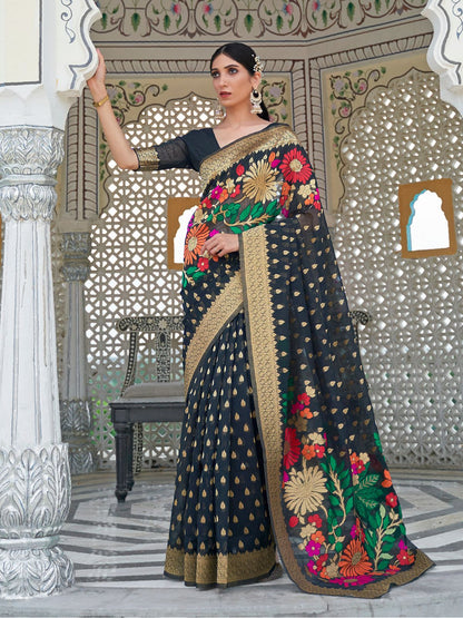 Rajwada Black Woven Linen Saree With Unstitched Blouse For Women