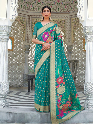 Rajwada Teal Printed Woven Saree With Unstitched Blouse For Women