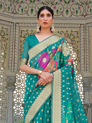 Rajwada Teal Printed Woven Saree With Unstitched Blouse For Women