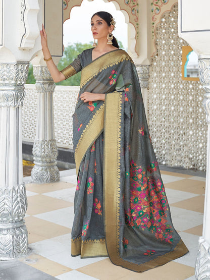 Rajwada Black Woven Linen Saree With Unstitched Blouse For Women