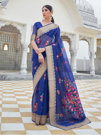 Rajwada Blue Woven Linen Saree With Unstitched Blouse For Women