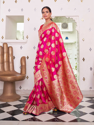Rajwada Pink Woven Design Satin Silk Saree With Unstitched Blouse For Women