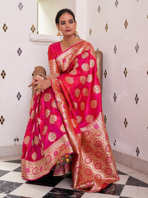 Rajwada Pink Woven Design Satin Silk Saree With Unstitched Blouse For Women
