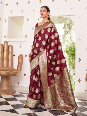 Rajwada Maroon Woven Design Satin Silk Saree With Unstitched Blouse For Women