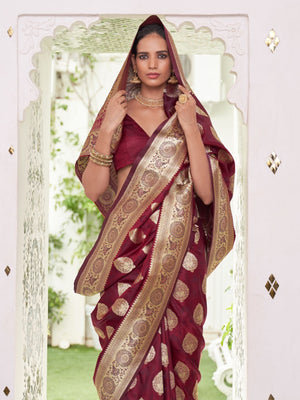 Rajwada Maroon Woven Design Satin Silk Saree With Unstitched Blouse For Women