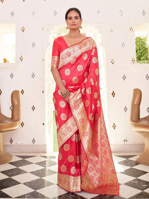 Rajwada Red Woven Design Satin Silk Saree With Unstitched Blouse For Women