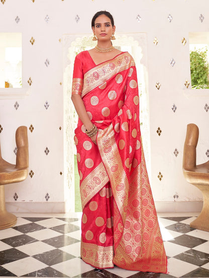 Rajwada Red Woven Design Satin Silk Saree With Unstitched Blouse For Women
