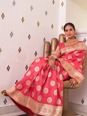 Rajwada Red Woven Design Satin Silk Saree With Unstitched Blouse For Women