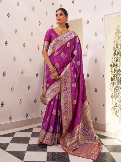Rajwada Purple Woven Design Satin Silk Saree With Unstitched Blouse For Women
