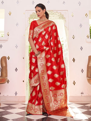 Rajwada Red Woven Design Satin Silk Saree With Unstitched Blouse For Women