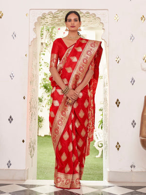 Rajwada Red Woven Design Satin Silk Saree With Unstitched Blouse For Women