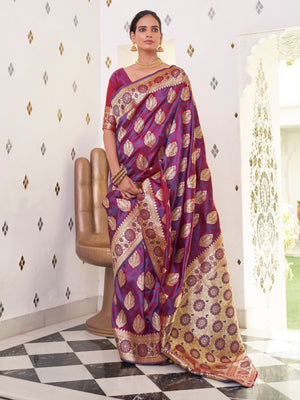 Rajwada Purple Woven Design Satin Silk Saree With Unstitched Blouse For Women