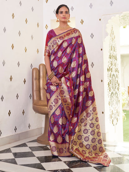 Rajwada Purple Woven Design Satin Silk Saree With Unstitched Blouse For Women