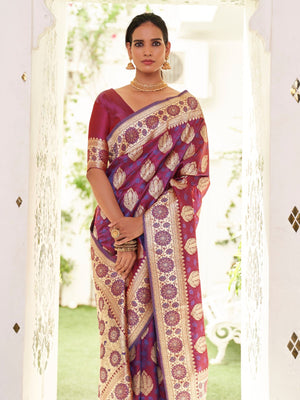Rajwada Purple Woven Design Satin Silk Saree With Unstitched Blouse For Women