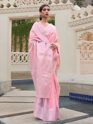 Rajwada Light Pink Woven Design Linen Saree With Unstitched Blouse For Women